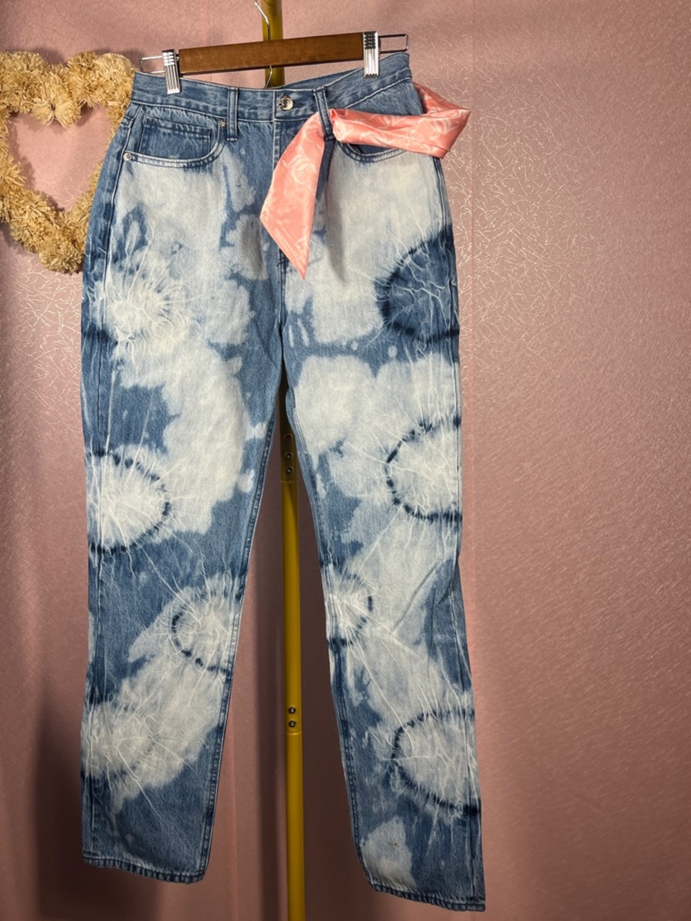 Juicy Couture Blue Tie-Dye Straight Leg Jeans with Pink Scarf Accent